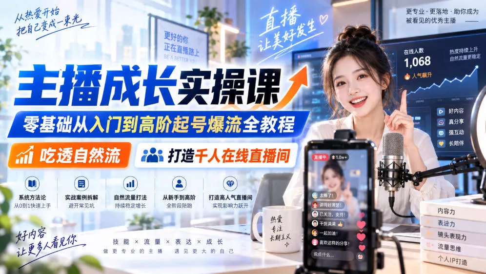 主播成长实操课｜零基础从入门到高阶起号爆流全教程，吃透自然流，打造千人在线直播间 - 来及网络