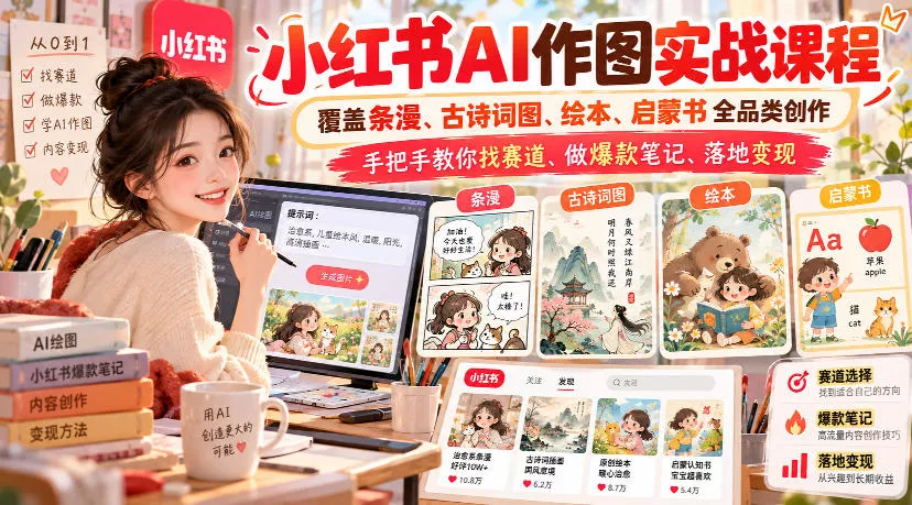 小红书AI作图实战课程，覆盖条漫、古诗词图、绘本、启蒙书全品类创作，手把手教你找赛道、做爆款笔记、落地变现(更新1017) - 来及网络