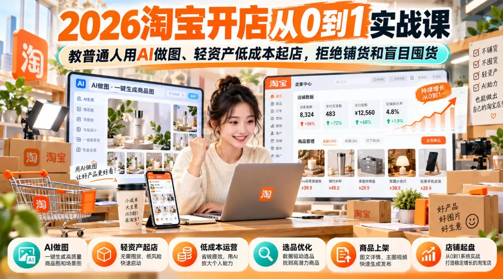 2026淘宝开店从0到1实战课，教普通人用AI做图、轻资产低成本起店，拒绝铺货和盲目囤货 - 来及网络