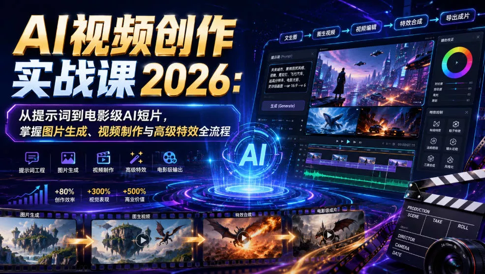 AI视频创作实战课2026：从提示词到电影级AI短片，掌握图片生成、视频制作与高级特效全流程 - 来及网络