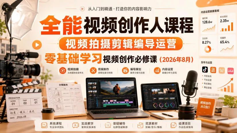 全能视频创作人课程，视频拍摄剪辑编导运营，零基础学习视频创作必修课(2026年8月) - 来及网络