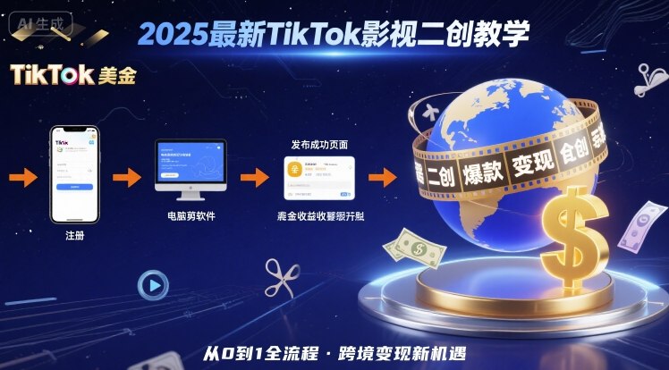 2025年最新TikTok影视二创教学，从注册到发布撸美金全流程，跨境变现新机遇 - 来及网络