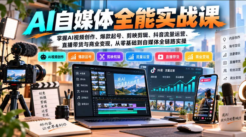【无水印】AI自媒体全能实战课，掌握AI视频创作、爆款起号、剪映剪辑、抖音流量运营、直播带货与商业变现，从零基础到自媒体全链路实操 - 来及网络