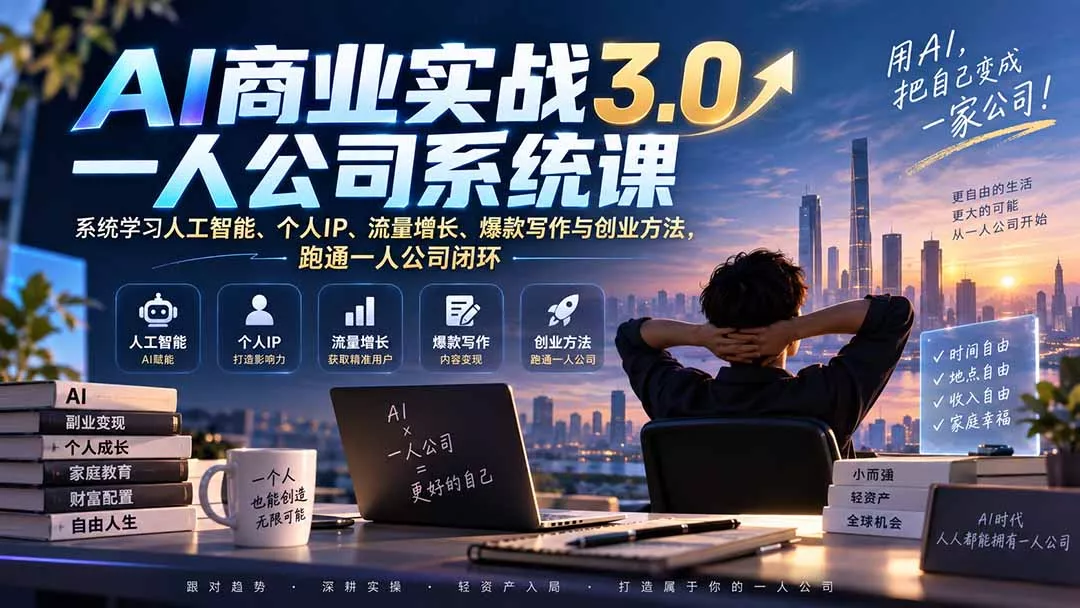 AI商业实战3.0一人公司系统课：系统学习人工智能、个人IP、流量增长、爆款写作与创业方法，跑通一人公司闭环 - 来及网络