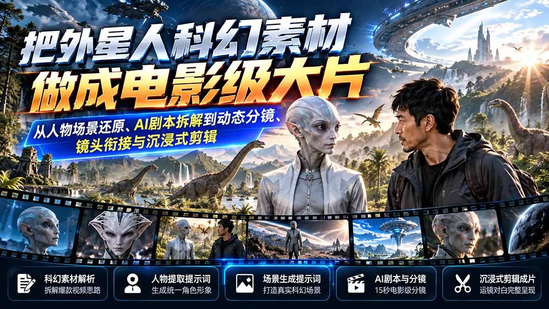 把外星人科幻素材做成电影级大片：从人物场景还原、AI剧本拆解到动态分镜、镜头衔接与沉浸式剪辑 - 来及网络