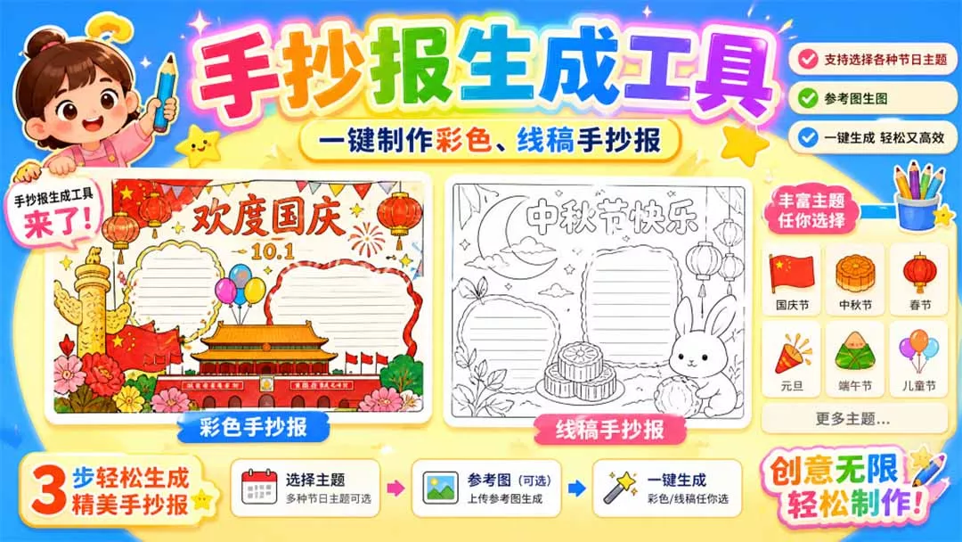 手抄报批量生成工具来了，完全免费，告别豆包生图，这个高清无水印 - 来及网络