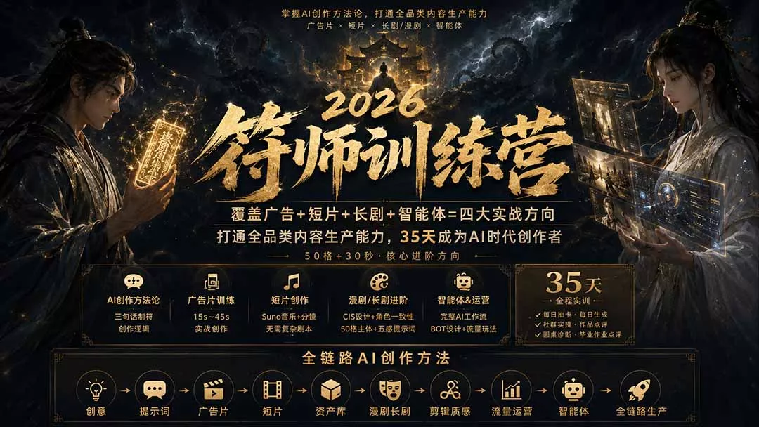 符师训练营-35天成为AI时代创作者，广告+短片+漫剧+智能体四大实战方向，掌握从创意到上线的完整工作流 - 来及网络