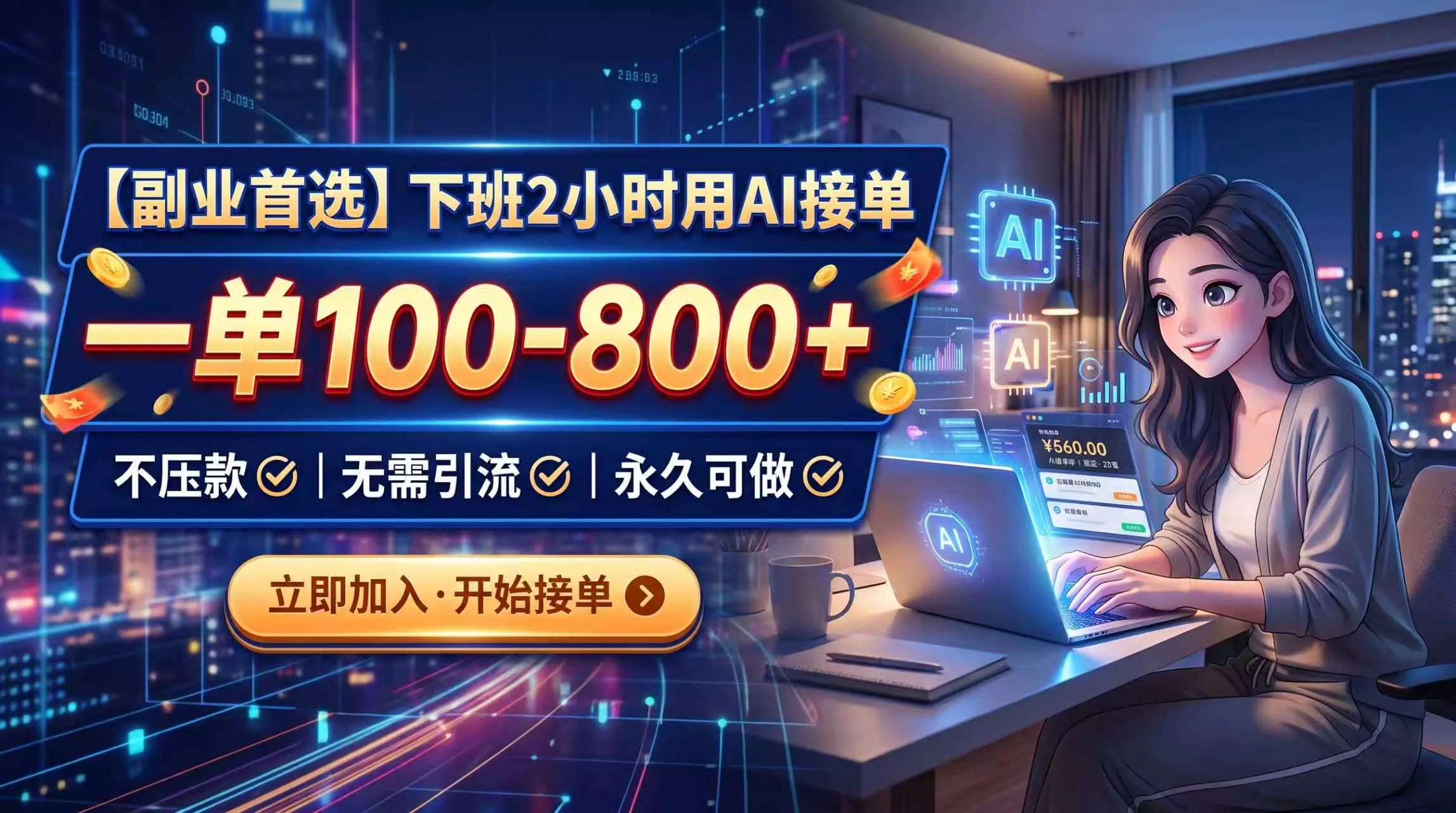 下班2小时用AI接单，一单100-800+，不压款，无需引流，永久可做 - 来及网络