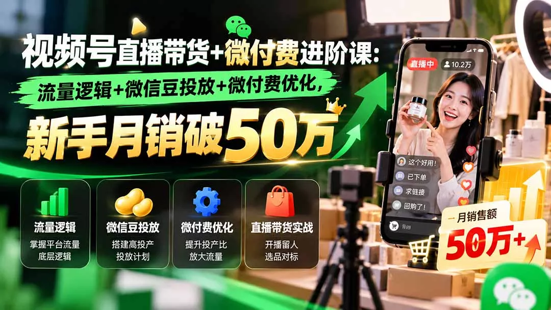 视频号直播带货+微付费进阶课-更新1010：流量逻辑+微信豆投放+微付费优化，新手月销破50万 - 来及网络