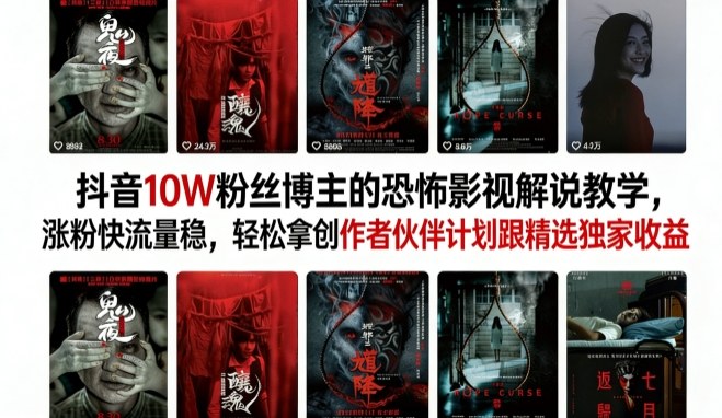 抖音10W粉丝博主的恐怖影视解说教学，涨粉快流量稳，轻松拿创作者伙伴计划跟精选独家收益 - 来及网络