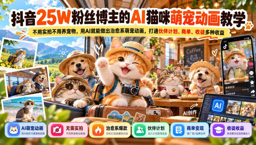 抖音25W粉丝博主的AI猫咪萌宠动画教学，不用实拍不用养宠物，用AI就能做出治愈系萌宠动画，打通伙伴计划、商单、收徒多种收益 - 来及网络