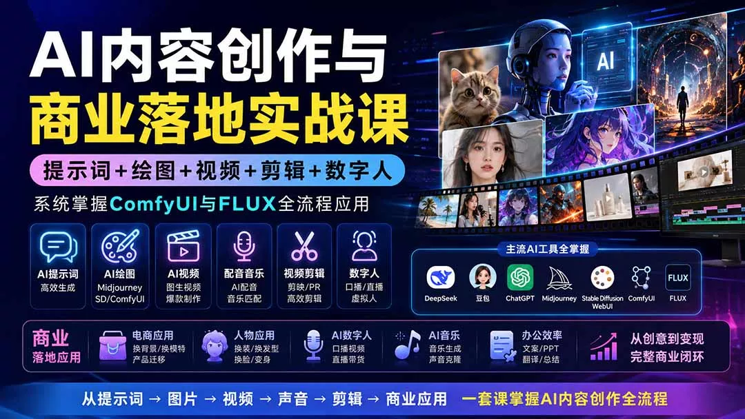 AI内容创作与商业落地实战课：提示词+绘图+视频+剪辑+数字人，系统掌握ComfyUI与FLUX全流程应用 - 来及网络