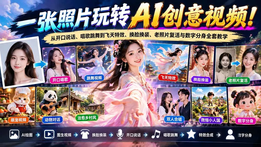 一张照片玩转AI创意视频！从开口说话、唱歌跳舞到飞天特效、换脸换装、老照片复活与数字分身全套教学 - 来及网络