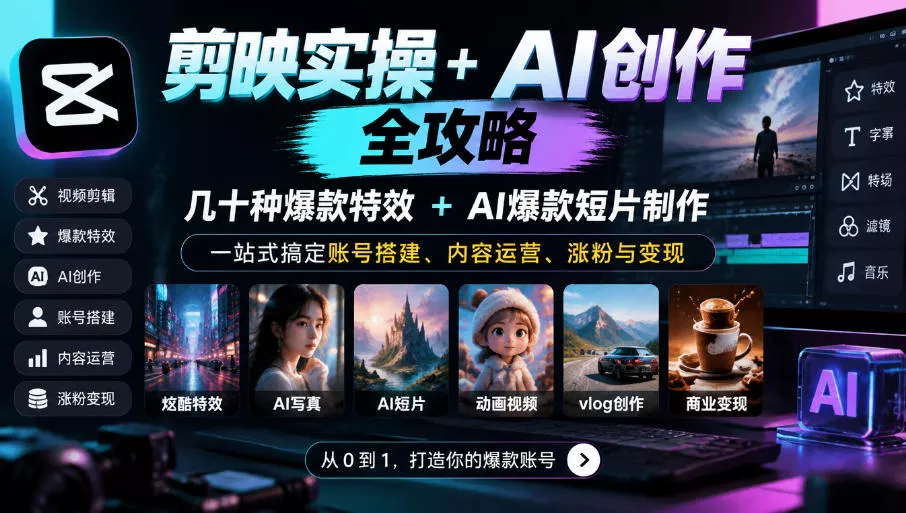 剪映实操+AI创作全攻略｜几十种爆款特效+AI爆款短片制作，一站式搞定账号搭建、内容运营、涨粉与变现 - 来及网络