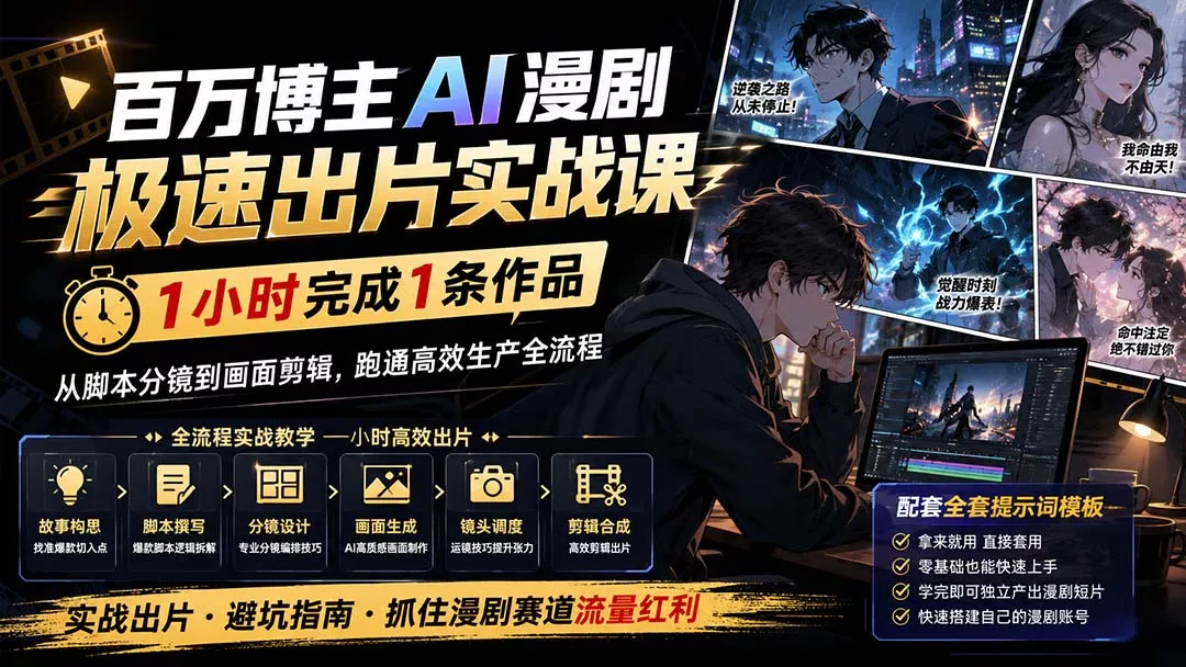 百万博主AI漫剧极速出片实战课：1小时产出条作品，从脚本分镜到画面剪辑，跑通高效生产全流程 - 来及网络