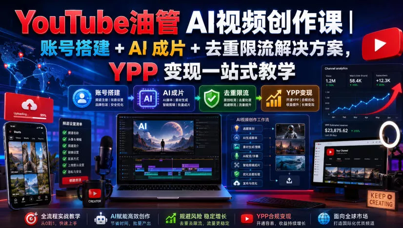 YouTube油管AI视频创作课｜账号搭建+AI成片+去重限流解决方案，YPP变现一站式教学 - 来及网络