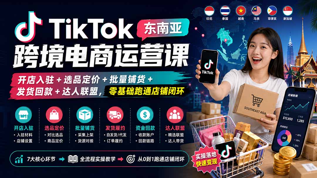 TikTok东南亚跨境电商运营课：开店入驻+选品定价+批量铺货+发货回款+达人联盟，零基础跑通店铺闭环 - 来及网络