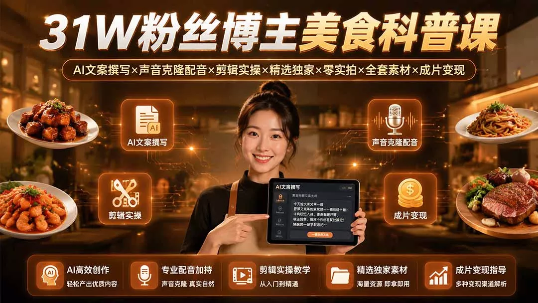 31W粉丝博主美食科普课：AI文案撰写×声音克隆配音×剪辑实操×精选独家×零实拍×全套素材×成片变现 - 来及网络