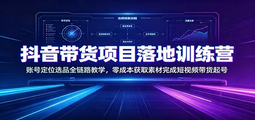 抖音带货项目落地训练营：账号定位选品全链路教学，零成本获取素材完成短视频带货起号 - 来及网络