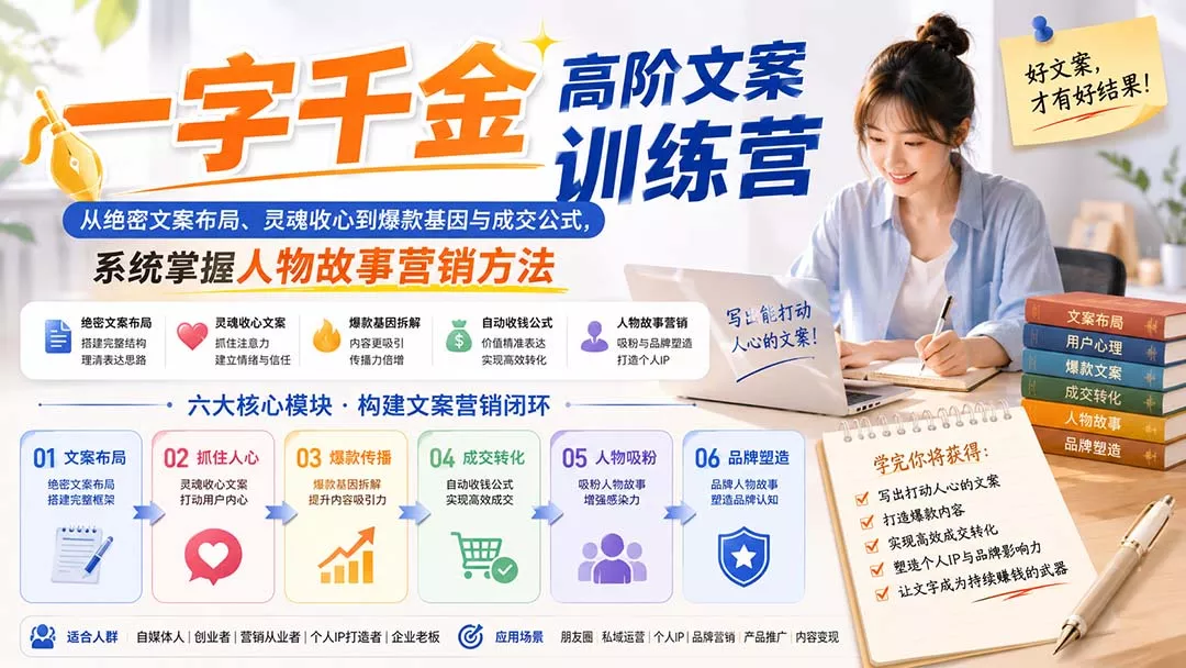 一字千金高阶文案训练营：从绝密文案布局、灵魂收心到爆款基因与成交公式，系统掌握人物故事营销方法 - 来及网络