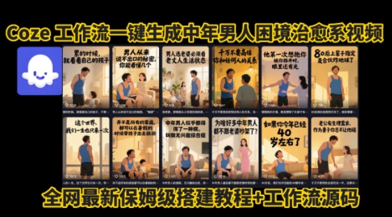 coze工作流一键生成”中年男人困境扎心高涨粉高播放量图文视频”保姆级拆解教程，无需剪辑，无需拍摄写文案 - 来及网络
