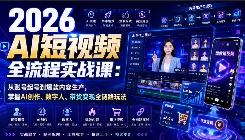 2026 AI短视频全流程实战课：从账号起号到爆款内容生产，掌握AI创作、数字人、带货变现全链路玩法 - 来及网络