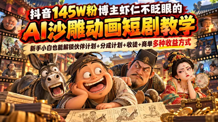 抖音145W粉博主虾仁不眨眼的AI沙雕动画短剧教学，新手小白也能解锁伙伴计划+分成计划+收徒+商单多种收益方式 - 来及网络