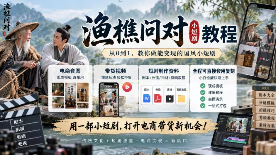 渔樵问对小短剧教程，包含电商套图、带货视频，短剧制作资料，全程可直接套用复刻 - 来及网络