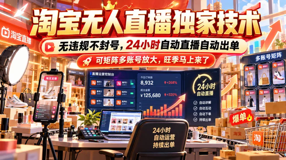 淘宝无人直播独家技术，无违规不封号，24小时自动直播自动出单，可矩阵多账号放大，旺季马上来了【揭秘】 - 来及网络