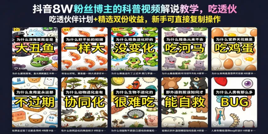 抖音8W粉丝博主的科普视频解说教学，吃透伙伴计划+精选双份收益，新手可直接复制操作 - 来及网络