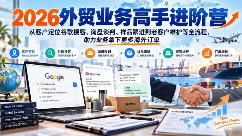 2026外贸业务高手进阶营，从客户定位谷歌搜客、询盘谈判、样品跟进到老客户维护等全流程，助力业务拿下更多海外订单 - 来及网络