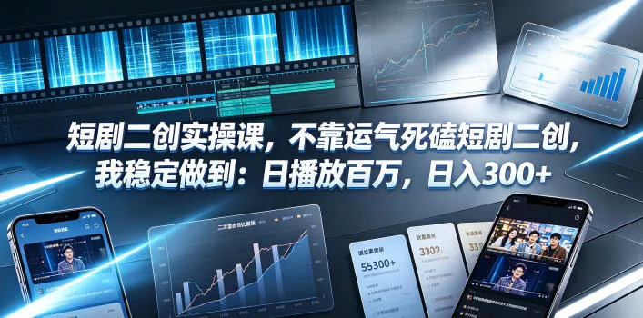短剧二创实操课，不靠运气死磕短剧二创，我稳定做到：日播放百万，日入300+ - 来及网络