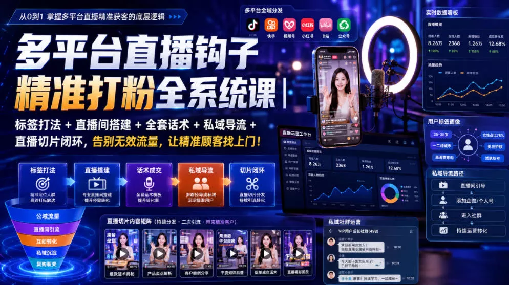 多平台直播钩子精准打粉全系统课｜标签打法+直播间搭建+全套话术+私域导流+直播切片闭环，告别无效流量，让精准顾客找上门！ - 来及网络