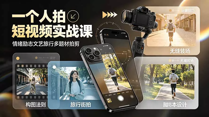 一个人拍短视频实战课：情绪励志文艺旅行多题材×五大景别×黄金构图×八大运镜，从拍摄到成片高效创作 - 来及网络