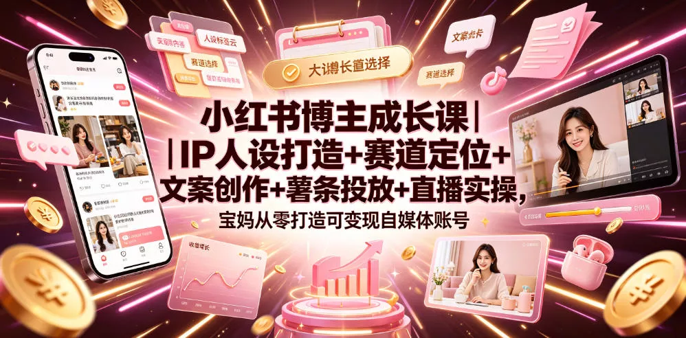 小红书博主成长课｜IP人设打造+赛道定位+文案创作+薯条投放+直播实操，宝妈从零打造可变现自媒体账号 - 来及网络
