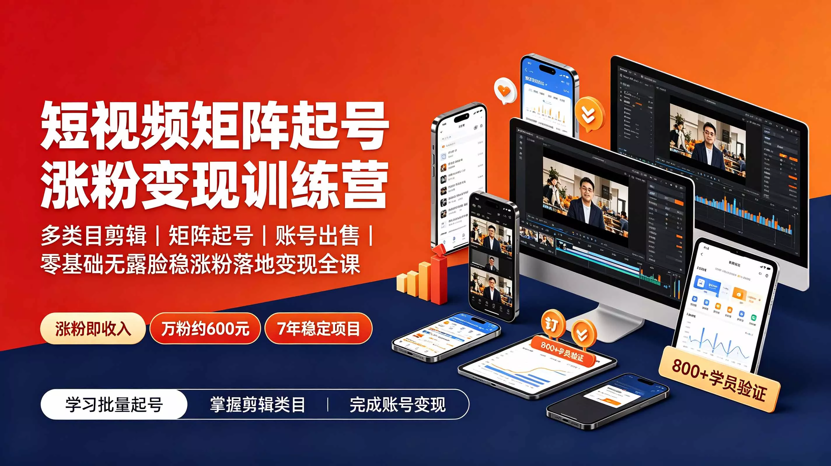 短视频矩阵起号涨粉变现训练营｜多类目剪辑·矩阵起号·账号出售，零基础无露脸稳涨粉落地变现全课 - 来及网络