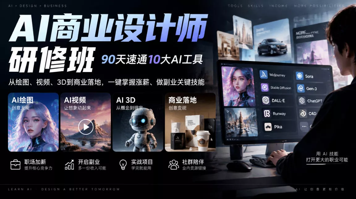 AI商业设计师研修班，90天速通10大AI工具，从绘图、视频、3D到商业落地，一键掌握涨薪、做副业关键技能 - 来及网络
