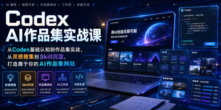 Codex AI作品集实战课，从Codex基础认知到作品集实战，从灵感搜集到Skill沉淀，打造属于你的AI作品集网站 - 来及网络
