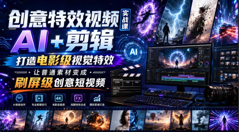创意特效视频实战课，AI+剪辑打造电影级视觉特效，让普通素材变成刷屏级创意短视频 - 来及网络