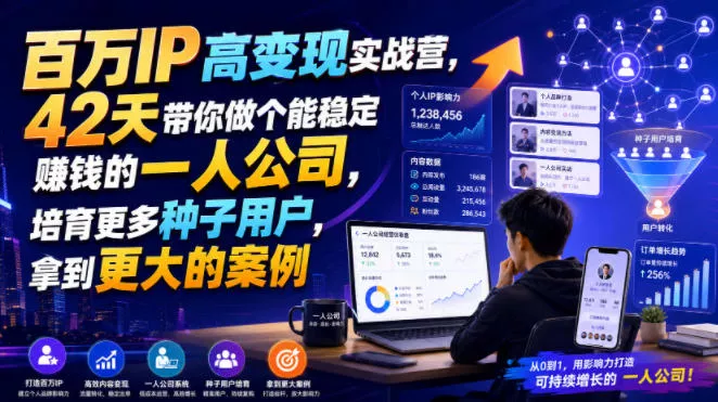 百万IP高变现实战营，42天带你做个能稳定賺钱的一人公司，培育更多种子用户，拿到更大的案例 - 来及网络