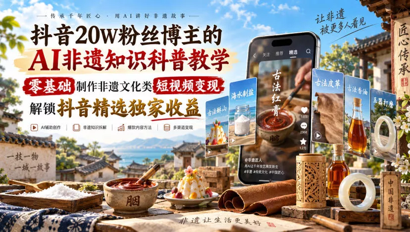 抖音20W粉丝博主的AI非遗知识科普教学，零基础制作非遗文化类短视频变现，解锁抖音精选独家收益 - 来及网络