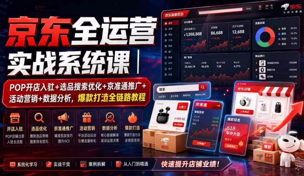 京东全运营实战系统课｜POP开店入驻+选品搜索优化+京准通推广+活动营销+数据分析，爆款打造全链路教程 - 来及网络