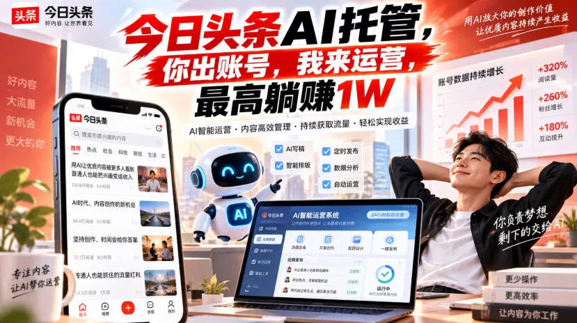 今日头条AI托管，你出账号，我来运营，最高躺賺1W【揭秘】 - 来及网络