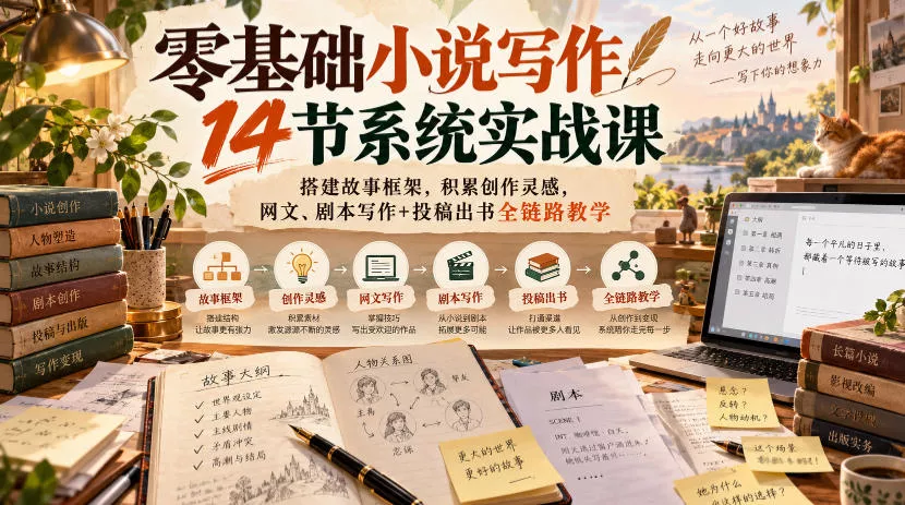 零基础小说写作14节系统实战课，搭建故事框架，积累创作灵感，网文、剧本写作+投稿出书全链路教学 - 来及网络