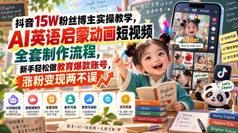 抖音15W粉丝博主实操教学，AI英语启蒙动画短视频全套制作流程，新手轻松做教育爆款账号，涨粉变现两不误 - 来及网络
