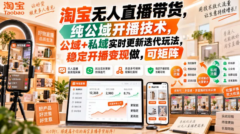 淘宝无人直播带货，纯公域开播技术，公域+私域实时更新迭代玩法，稳定开播变现做，可矩阵【揭秘】 - 来及网络