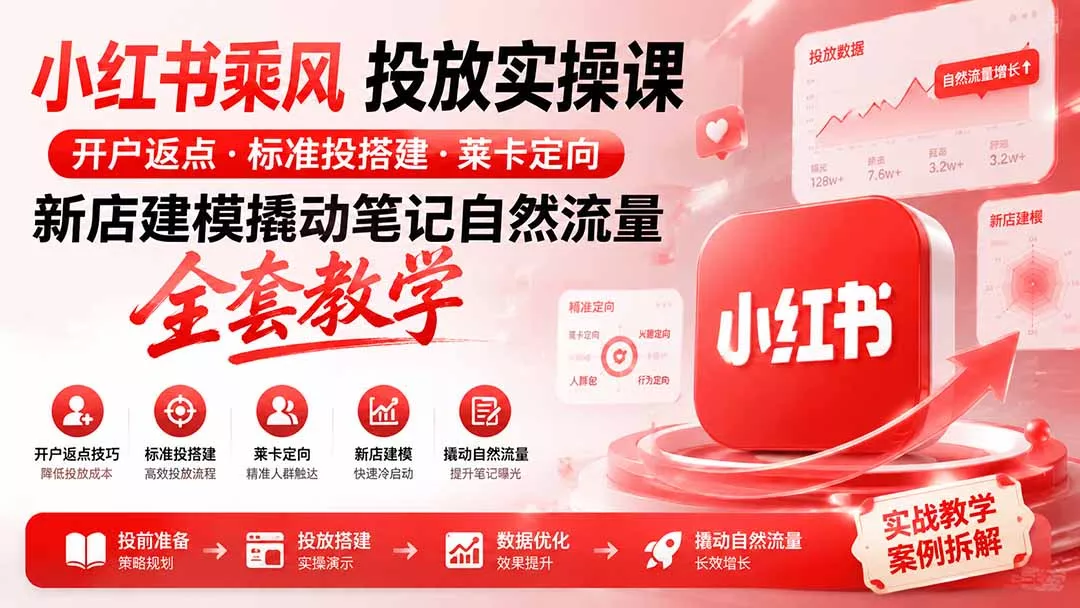 小红书乘风投放-100分钟实操课｜开户返点·标准投搭建·莱卡定向，新店建模撬动笔记自然流量全套教学 - 来及网络