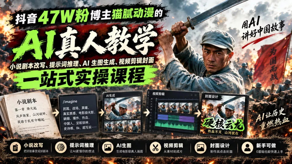 抖音47W粉博主猫腻动漫的AI真人漫剧教学，小说剧本改写、提示词推理、AI生图生成、视频剪辑封面一站式实操课程 - 来及网络
