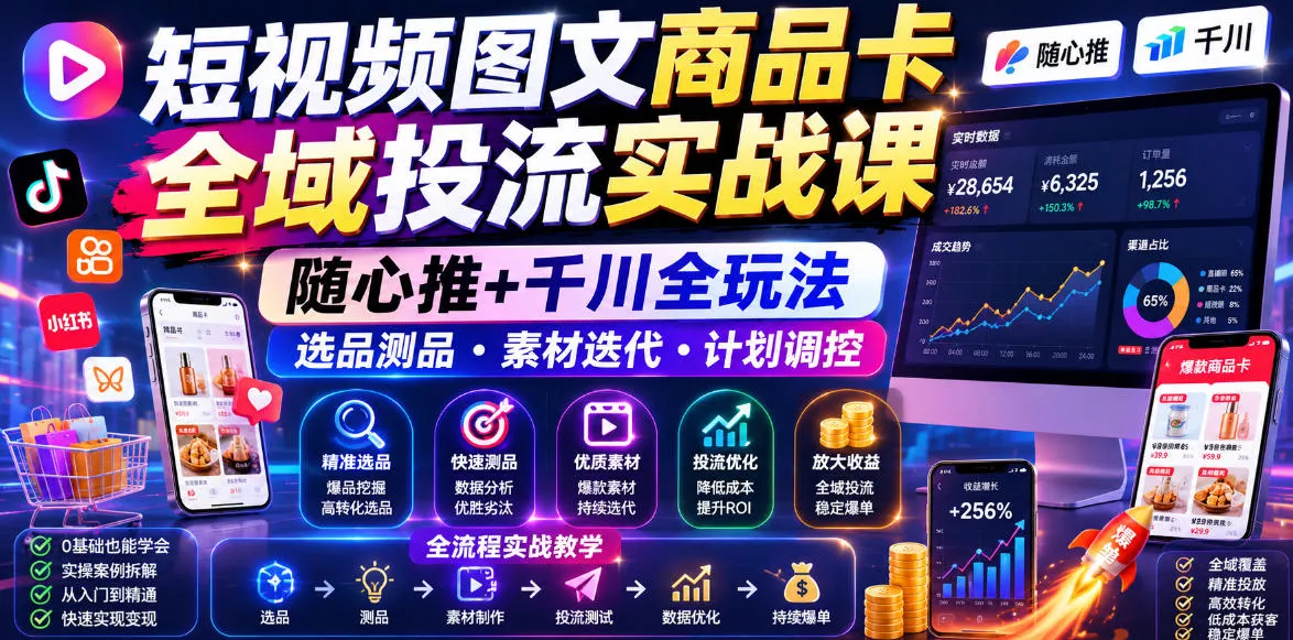 短视频图文商品卡全域投流实战课，随心推+千川全玩法，选品测品・素材迭代・计划调控，提升ROI爆单增收教程 - 来及网络