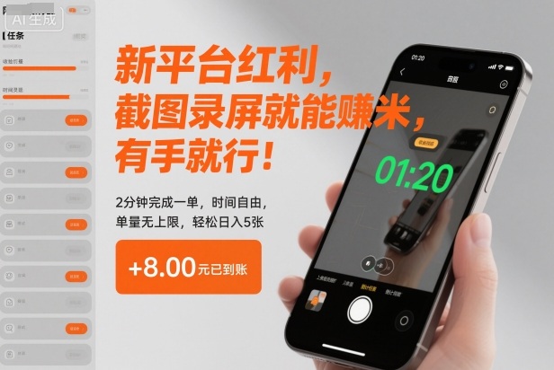 新平台红利，截图录屏就能賺米，有手就行！2分钟完成一单，时间自由，单量无上限，轻松日入5张【揭秘】 - 来及网络